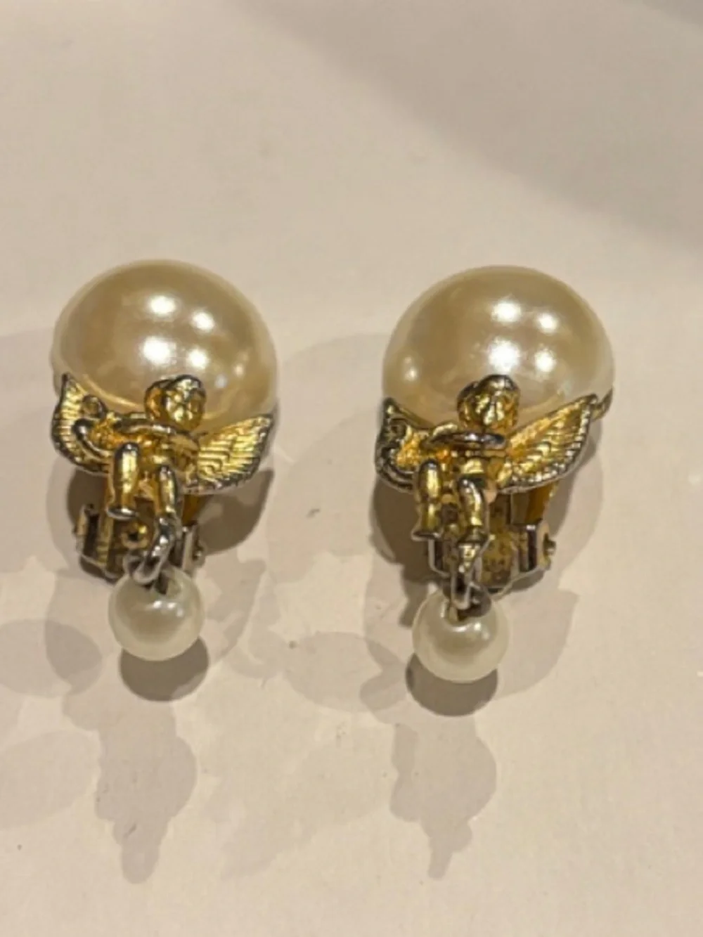Pearl and Gold Cherub Drop Earrings